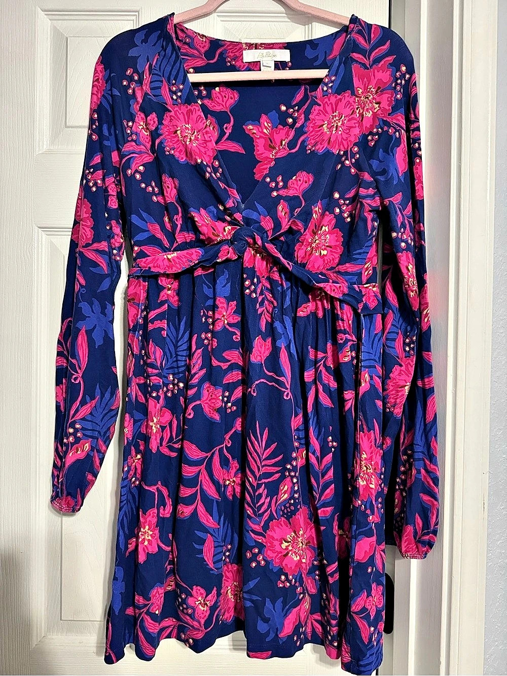 Lilly Pulitzer Jemma Long Sleeve Wrap Romper Blue & Pink Large